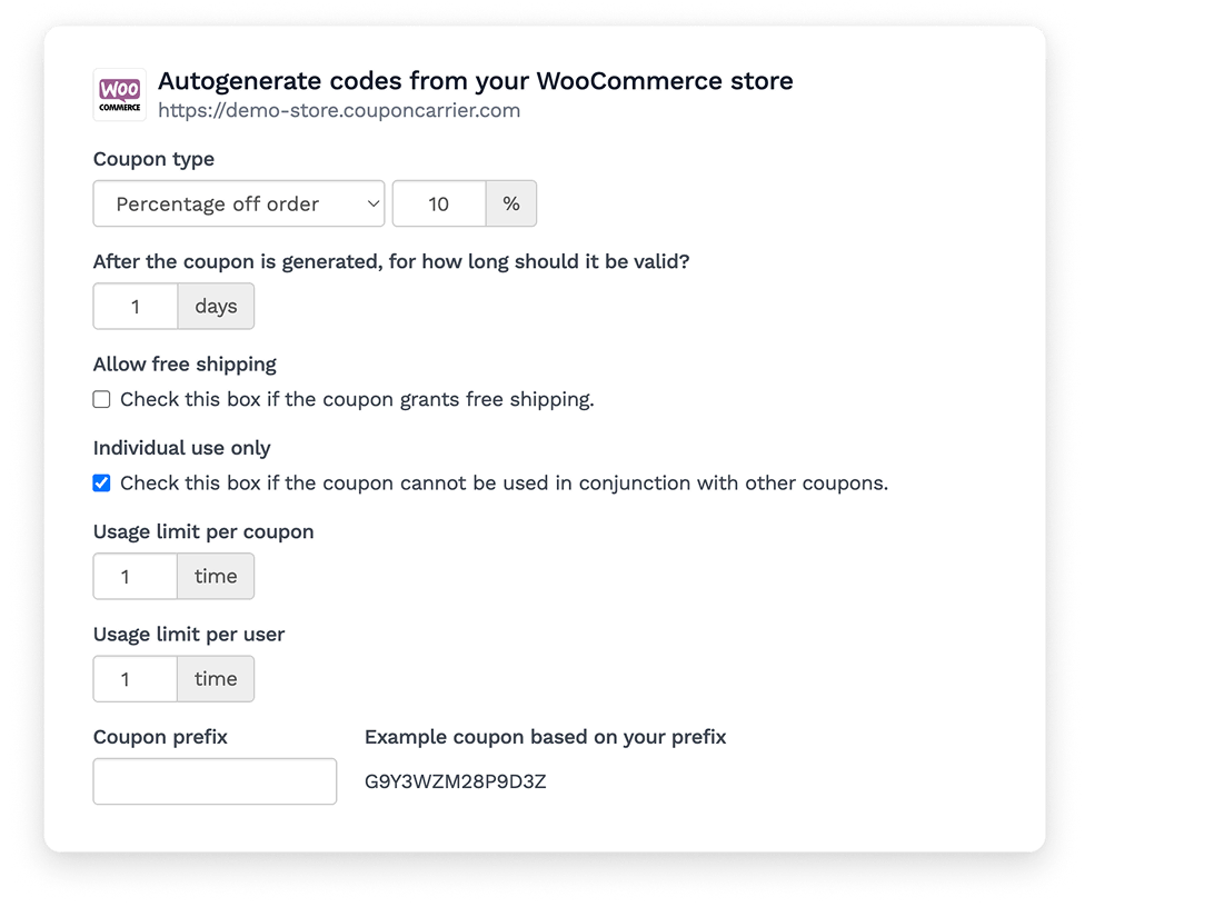 Screenshot of WooCommerce autogenerated code list settings in Coupon Carrier